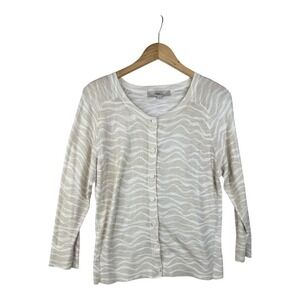 LOFT Sweater Cardigan Beige/Off-White Animal Print‎ 3/4 Sleeve Button Front sz M